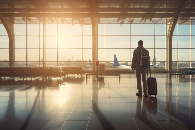 Foto vista posteriore di un uomo con una valigia nel terminal dell'aeroporto