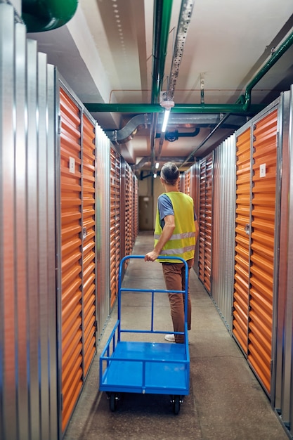 Back view of man with trolley in warehouse