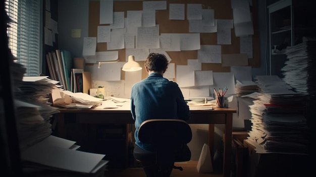 Back view of man working at office with a many documents Generative Ai