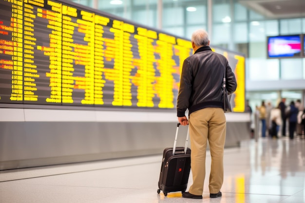 Back view of a mature man in front of an information board at the airport he is waiting for the boarding announcement for flight