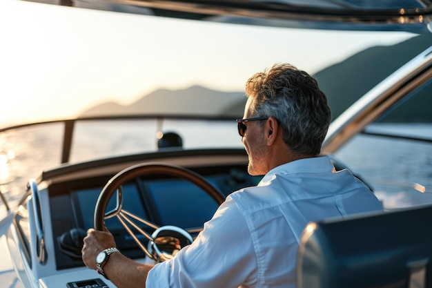 Back view of middle aged man driving luxury motor yacht