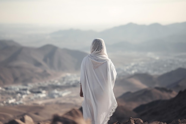 Вид сзади паломницы-мусульманки в одежде для хаджа, имеющей духовное значение