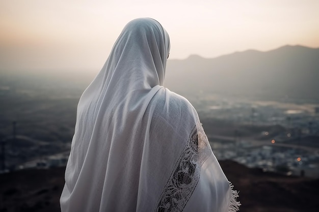 Back View of a Moslem Woman Wearing Hajj Clothes for Pilgrimage in Arabian Desert