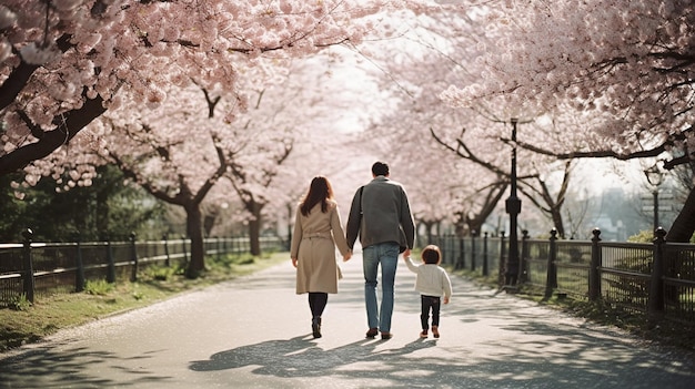 Back view of a mother father and a baby walking at the park of cherry blossom