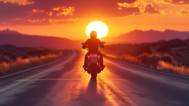 Photo back view of a motorcyclist at sunset on an american road