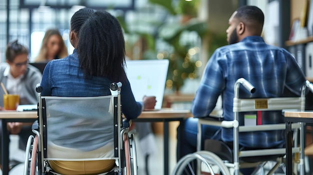 Photo back view of multicultural disabled coworkers in wheelchair working in the office