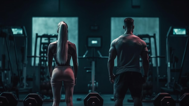 Back view of a muscular young couple standing back to back in a gym Generative Ai