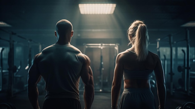 Back view of a muscular young couple standing back to back in a gym Generative Ai