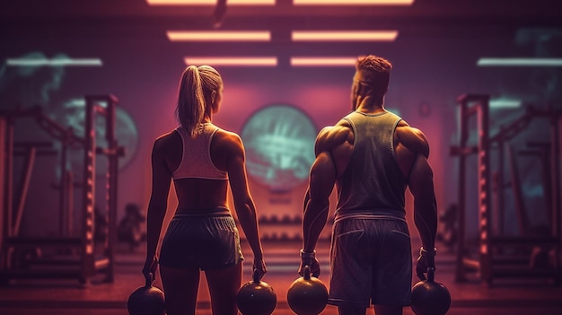 Photo back view of a muscular young couple standing back to back in a gym generative ai