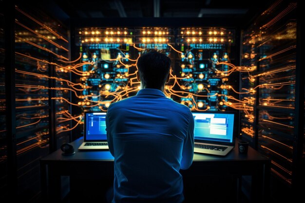 Photo back view of network engineer using laptop in dark server room lit