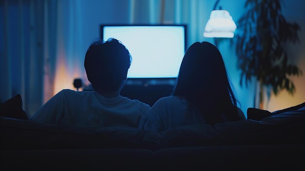 写真 家のソファでテレビを見ているカップルの後ろのビュー 空のスクリーンビュー 生成ai