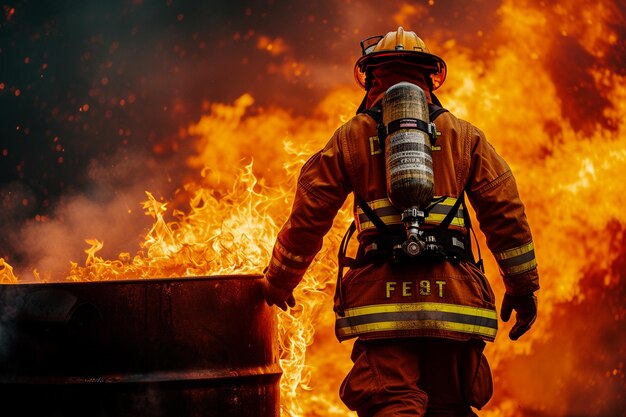 写真 火事の前で消防士の後ろの景色