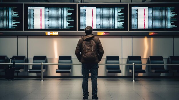 写真 空港の情報掲示板の前で乗客を待っている男性の後ろの景色