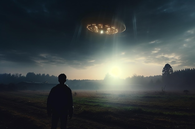 写真 宇宙人の侵略を眺める男の後ろの景色 空を飛ぶufo 証拠と目撃の概念