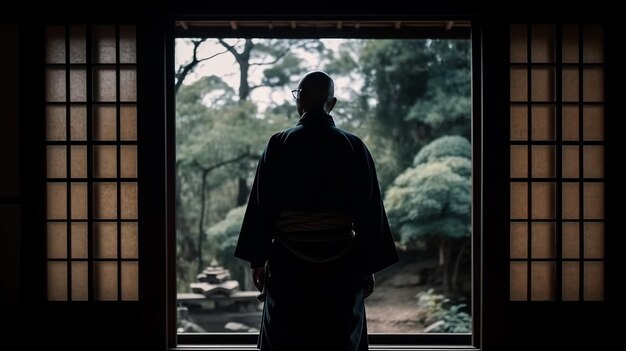 Фото Обратный вид человека, медитирующего в своем храмовом саду