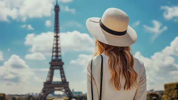 사진 프랑스 파리의 에펠탑을 바라보는  모자를 입은 젊은 여성의 뒷면