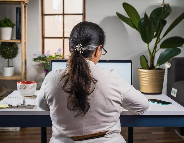 Back view of an old person in a home office slouched over a desk indicating signs of stress and pote...