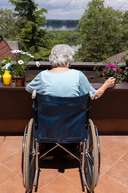 Photo back view of an old woman in wheelchair planting flowers in small terrace garden