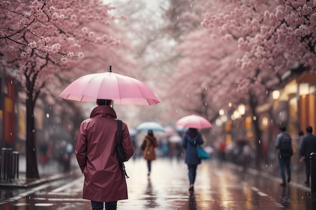 back view people with an umbrella in raining spring ai generative