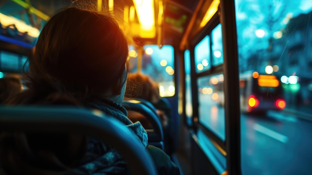 Photo back view of a person on a bus at night city lights outside