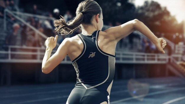 Back view photo of amazing young sports woman