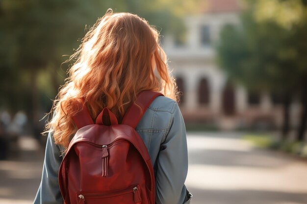 Foto back view foto di una studentessa universitaria che porta una borsa scolastica nel campus