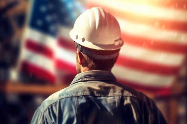 Back view portrait of worker builder standing against of USA flag background at Labor Day celebration Working man in uniform and safety construction helmet generated AI