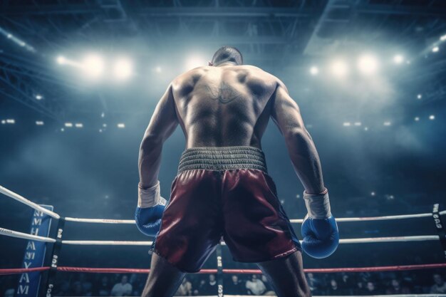 Back view of professional boxer Ring match with spot lighting Generative AI illustration