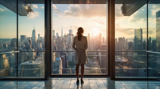 Photo back view of professional businesswoman with big glass view building looking at the skyline