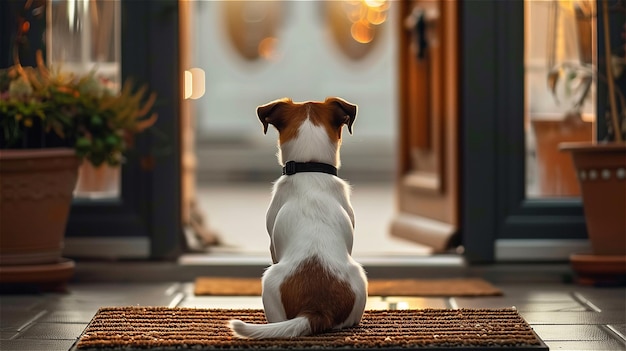 Back view of puppy dog sitting on door mat at front entrance