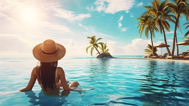 Foto vista posteriore della donna rilassata nel mare con le palme foto delle vacanze alta qualità