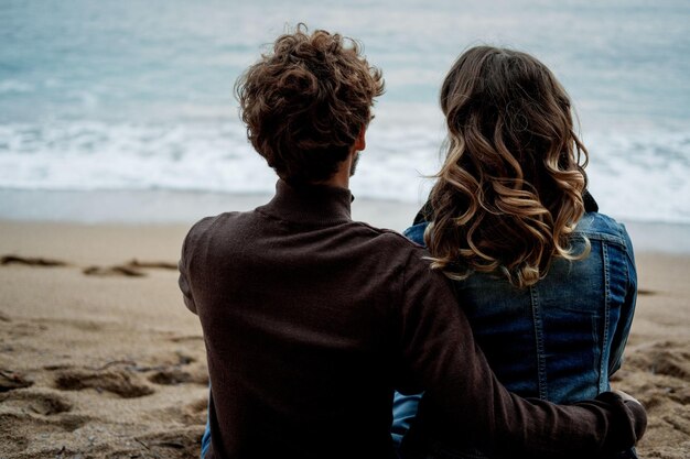 Back view of romantic couple sitting on the beach and look at the sea in autumn Montenegro