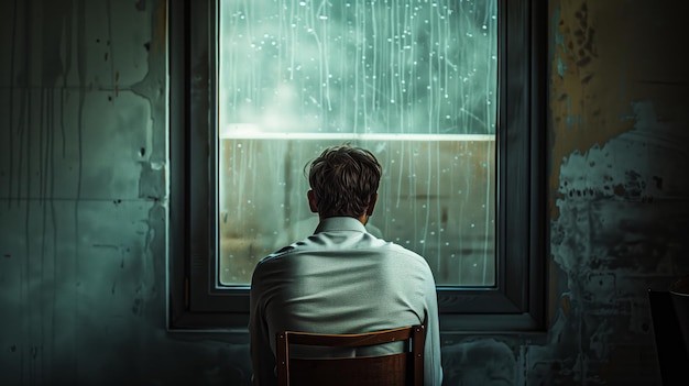 Задний вид грустного молодого человека, глядящего через окно с каплями дождя