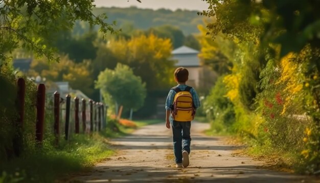 Back view of schoolboy with backpack standing in classroom Back to school concept