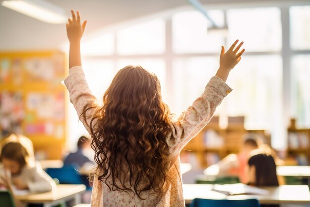 Back view of schoolgirl raising hands while standing in classroom at school