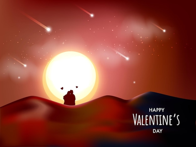 실루의 뒷모습 사랑하는 커플이 사막에 앉아 달빛에 떨어지는 별과 함께 반이는 다채로운 그라디언트 배경에서 행복한 발렌타인 데이 축하
