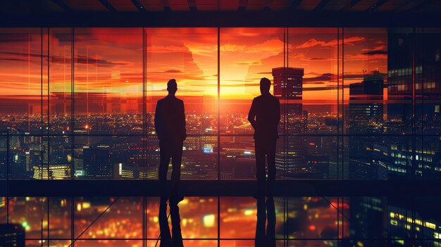 Back view silhouettes of two business partners looking thoughtfully out of a office window in situation of bankruptcyteam of businesspeople in fear or risk watching cityscape from skyscraper