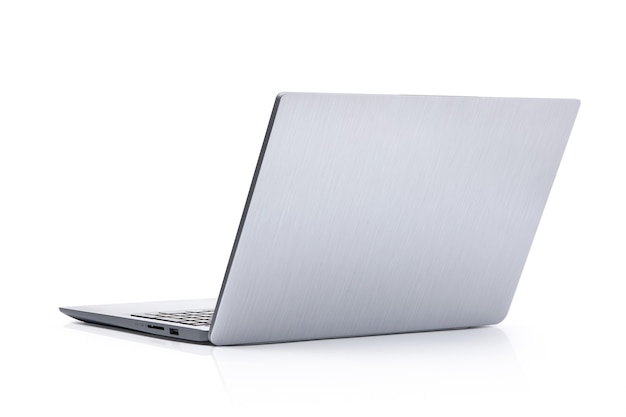 Back view of Slim modern laptop computer isolated on white background. Silver Grey color. Clipping path.