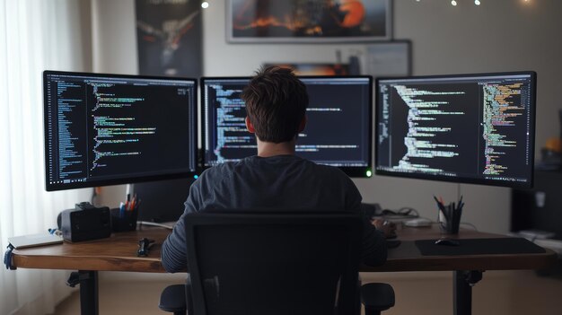 back view of software engineer programming on multiple screens at a home office setup focus on coding complex algorithms in a quiet space