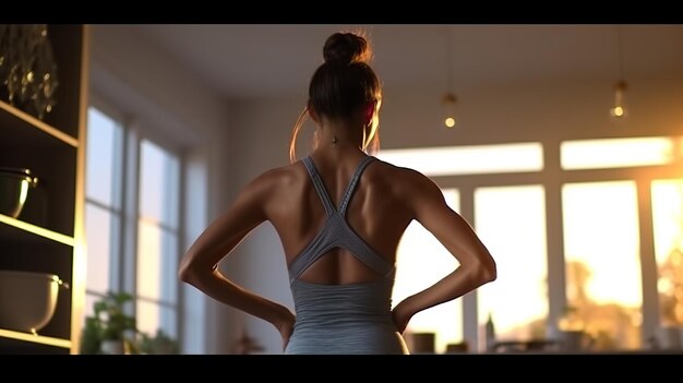 Back view of sporty woman in sportswear standing in front of window at home