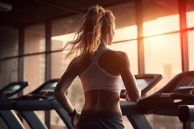 Back view of sporty young woman running on treadmill in gym