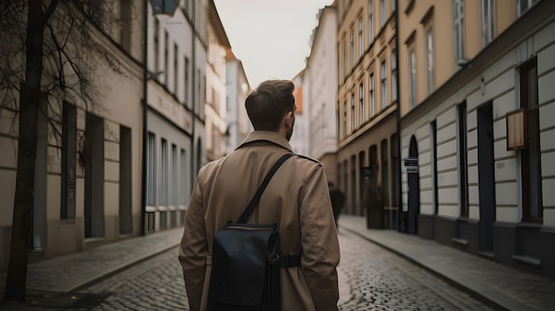 Photo back view of in a street carrying a bag