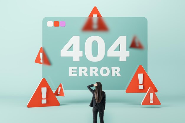 Вид сзади напряженной молодой деловой женщины, смотрящей на абстрактную ошибку 404 с предупреждающими знаками на синем фоне. Страница не обнаружила ошибку и поддерживает концепцию