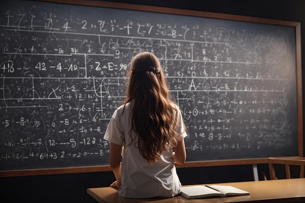 Вид сзади Студентка решает сложную математическую задачу с помощью генеративного алгоритма искусственного интеллекта