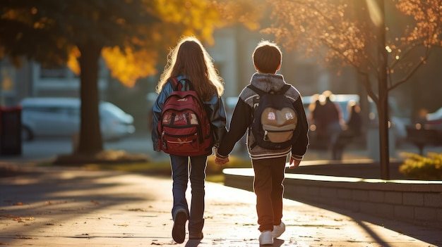 Back view of students carrying schoolbags walking on the road