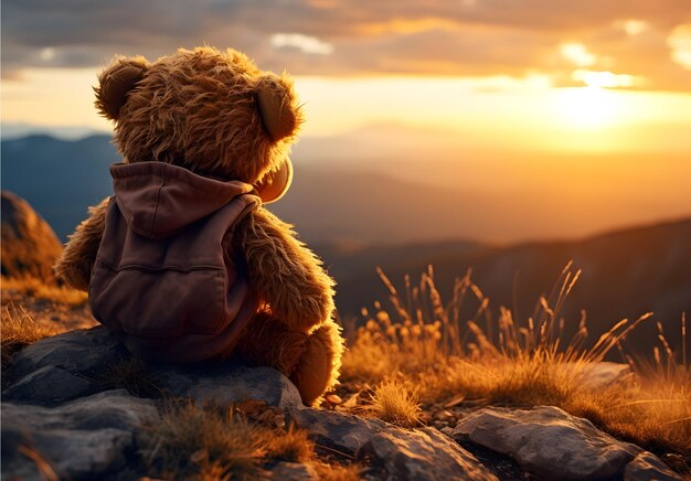 Back view of teddy bear toy with backpack sitting Background of mountain view at sunset