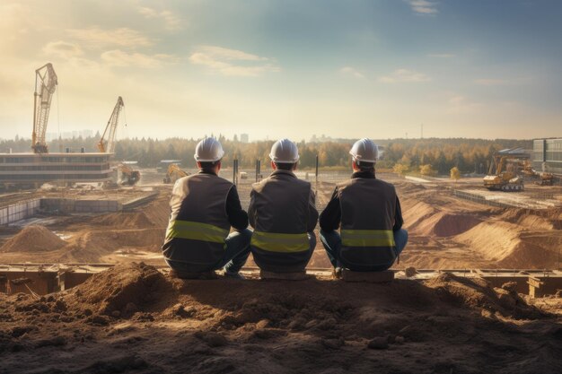 Photo back view of three engineers working on construcion site k real photo