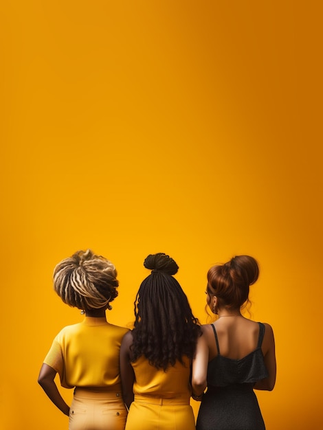 Back view of three women of different races together over a yellow background