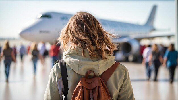 Foto vista posteriore di un turista che cammina all'aeroporto con un aereo sfocato sullo sfondo