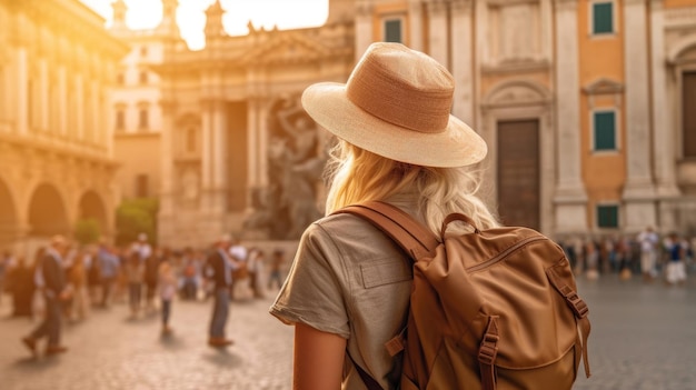 Back view of tourist woman with hat and backpack at vacation in rome italy